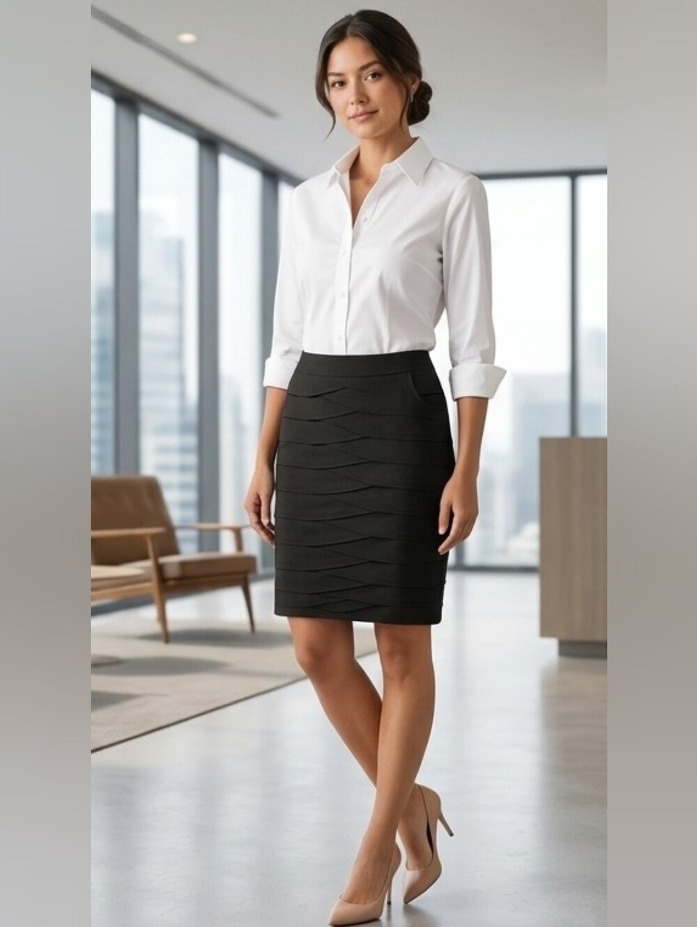 Larry Levine 6 Black Textured Pencil Skirt